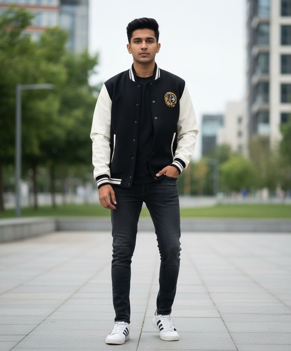 The Silent Roar – Unisex Varsity Jacket | Minimal Lion Embroidery
